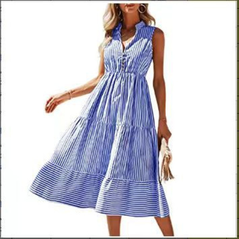 Women's Blue Striped Collared Sleeveless Tiered Midi Dress